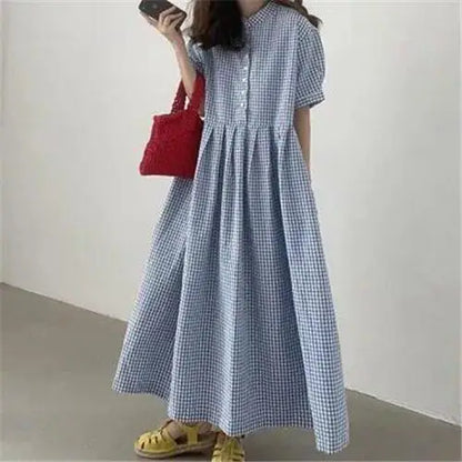 Summer New Long Sleeveless round Neck Plaid A-Line Dress Women's Sweet Style Cross-Border Fashion Cotton Linen Dress