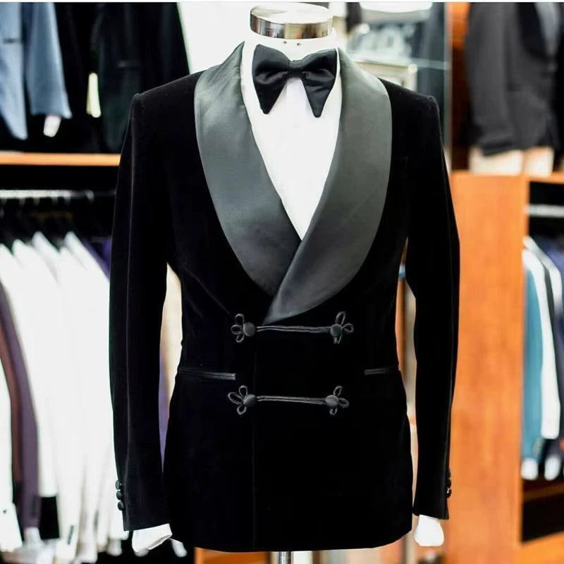 Black Velvet Smoking Jacket 1 Piece Male Blazer with Buttons Luxury Grooms Wedding Designer Party Wear Coat