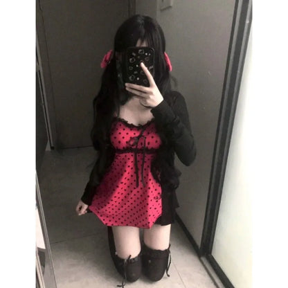 Kimotimo Vintage Cute Polka Dot Camisole Vest Women Japanese Y2k Aesthetic Spliced Lace Tanks Sweet Versatile Sleeveless Tops