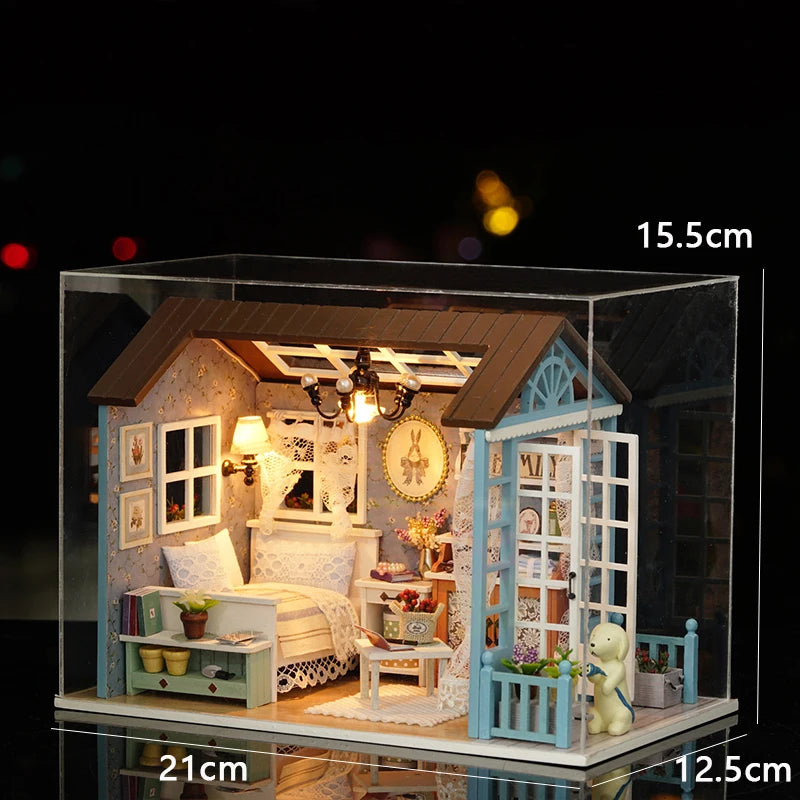 Zuuton Sweet Pink Villa DIY Miniature Doll House Kit with LED Light 3D Wooden Puzzle Building Kit with Furniture Gift Dollhouse