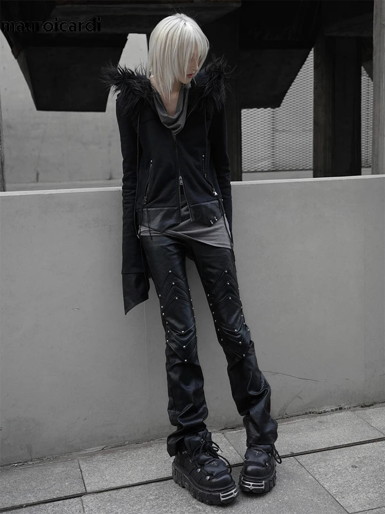 Mauroicardi Spring Autumn Long Black Fitted Pu Leather Pants Man Rivet Luxury Brands Original Alternative Punk Style Clothes
