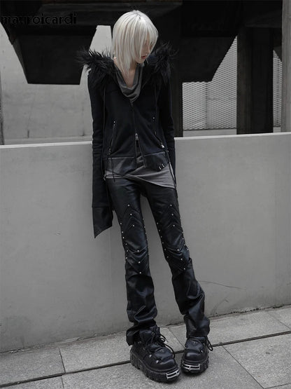 Mauroicardi Spring Autumn Long Black Fitted Pu Leather Pants Man Rivet Luxury Brands Original Alternative Punk Style Clothes