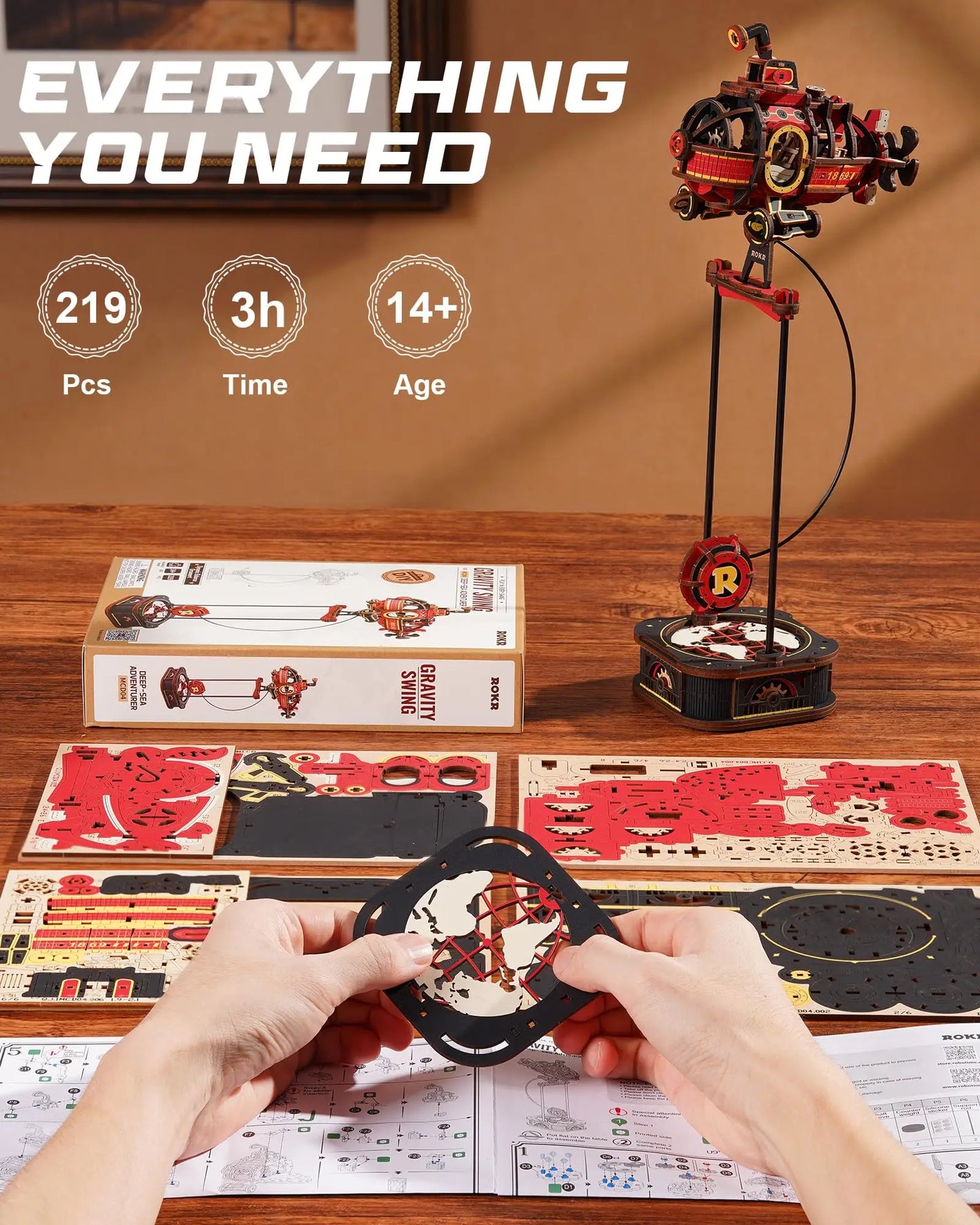 Robotime Deep Sea Adventurer 3D Wooden Puzzle Kinetic Submarine Pendulum Toy Gravity Powered Swing Motion Desk Decor for Adults