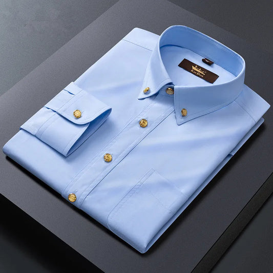 2024 Spring New Men's Long Sleeve Business Slim-fit Copper Buckle Bamboo Fiber Shirt 11colors Free Ironing Office's Work Top