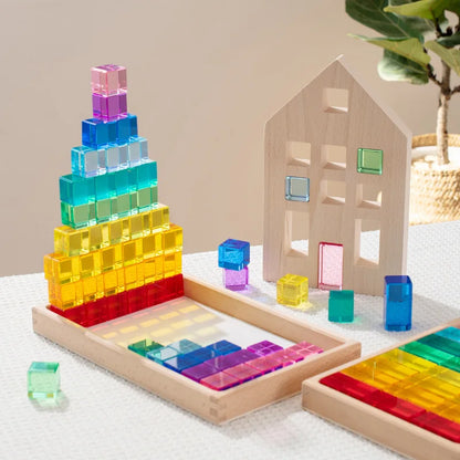 High Transparent Rainbow Crystal Acrylic Cubes Stacking Gem Blocks Sensory Building Blocks for Kids Learning Color Light Shadow
