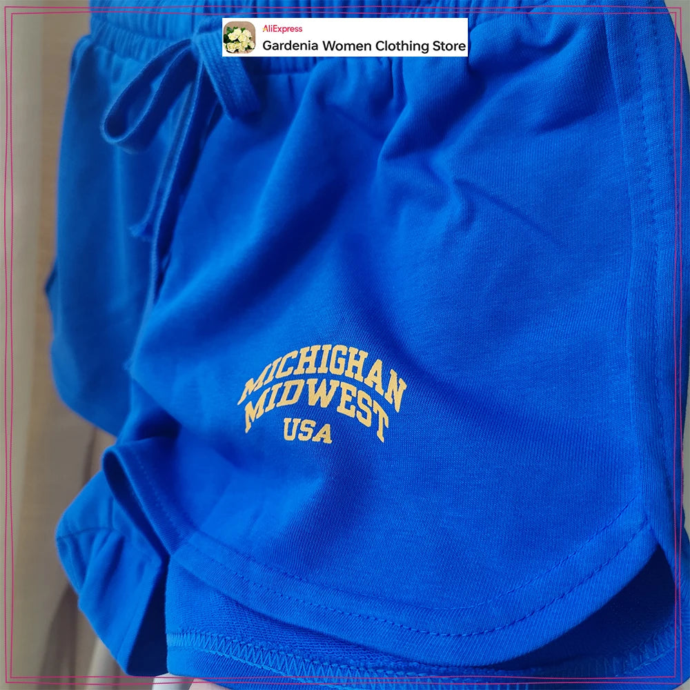 Preppy Style 2 Piece Blue Short Set for Women Washed Effect Text Cotton Short Sleeves Sweatshirt and Drawstring Waistband Shorts