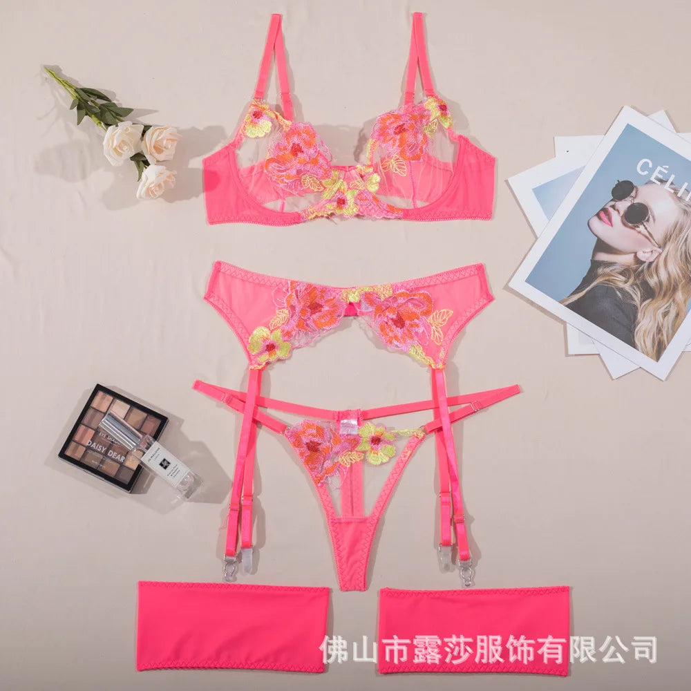 Tornova Sexy Embroidery Lingerie Suit for Women Mesh Patchwork Embroidery Women's Underwear Suit Sexy Garters Mesh Underwear Set