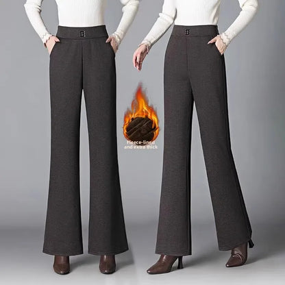 Women's Woolen Flared Pants High Waist Elastic Polyester Fiber Warm Casual Trousers for Autumn Winter 2025 New Style