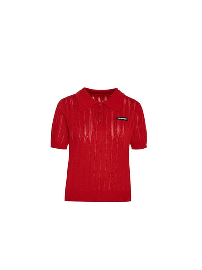 Red  Neck Knitted T-Shirt Women's Summer Style Short Sleeve White Color Loose Fit Casual Wear Polyester Blend Creative Pa...