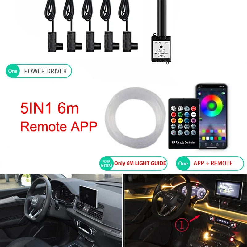 Neon LED Ambient Lighting Car 6in1 8m RGB LED Atmosphere Interior Strip Light Fiber Optic APP Control Auto LED Decorative Lamp