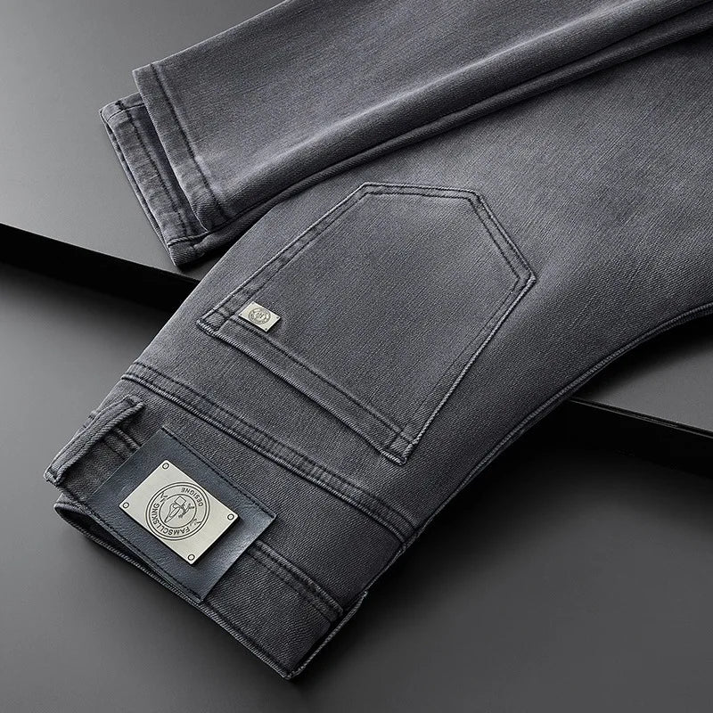 Light Luxury Gray Jeans for Men 2024Autumn and Winter Simplicity Fashionable All-Match Slim-Fit Stretch Casual High-End Trousers