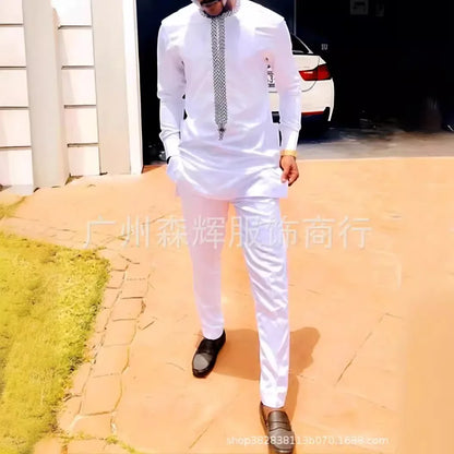 LIBIELIY Complete Men's Slim Printed Suit African Ethnic Style Long Sleeve Embroidered Suit Men Traditional Clothing 2 Piece Lux