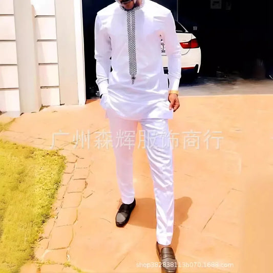 LIBIELIY Complete Men's Slim Printed Suit African Ethnic Style Long Sleeve Embroidered Suit Men Traditional Clothing 2 Piece Lux