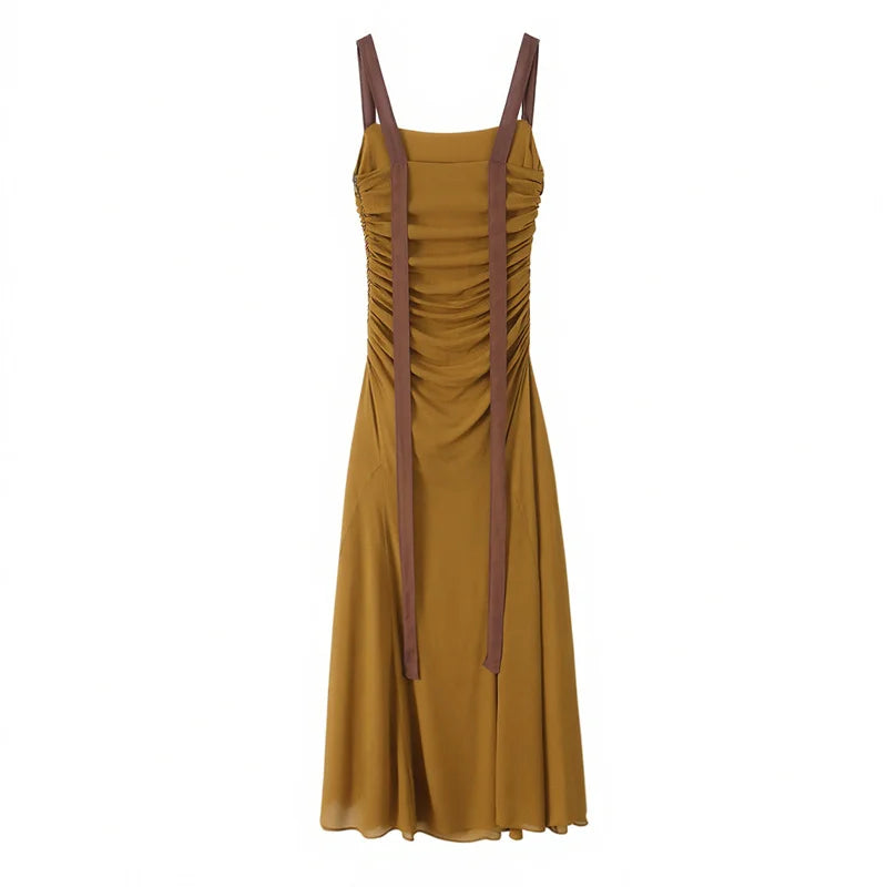 Women's Dress 2026 New Stylish Chiffon Pleated Strap Backless Slimming Sexy Holiday Casual Women's Mid-Length Dress