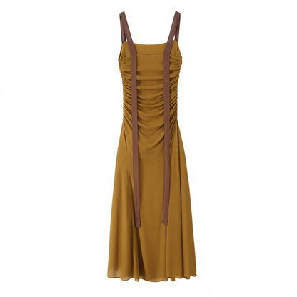 Women's Dress 2026 New Stylish Chiffon Pleated Strap Backless Slimming Sexy Holiday Casual Women's Mid-Length Dress