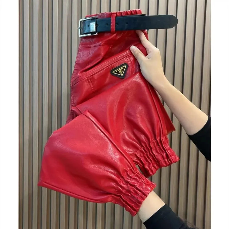 Autumn Winter Leather Pants Fashion High Quality Leg Windproof Plus Velvet Haren Pants All-Match Slimming Casual Trousers Women