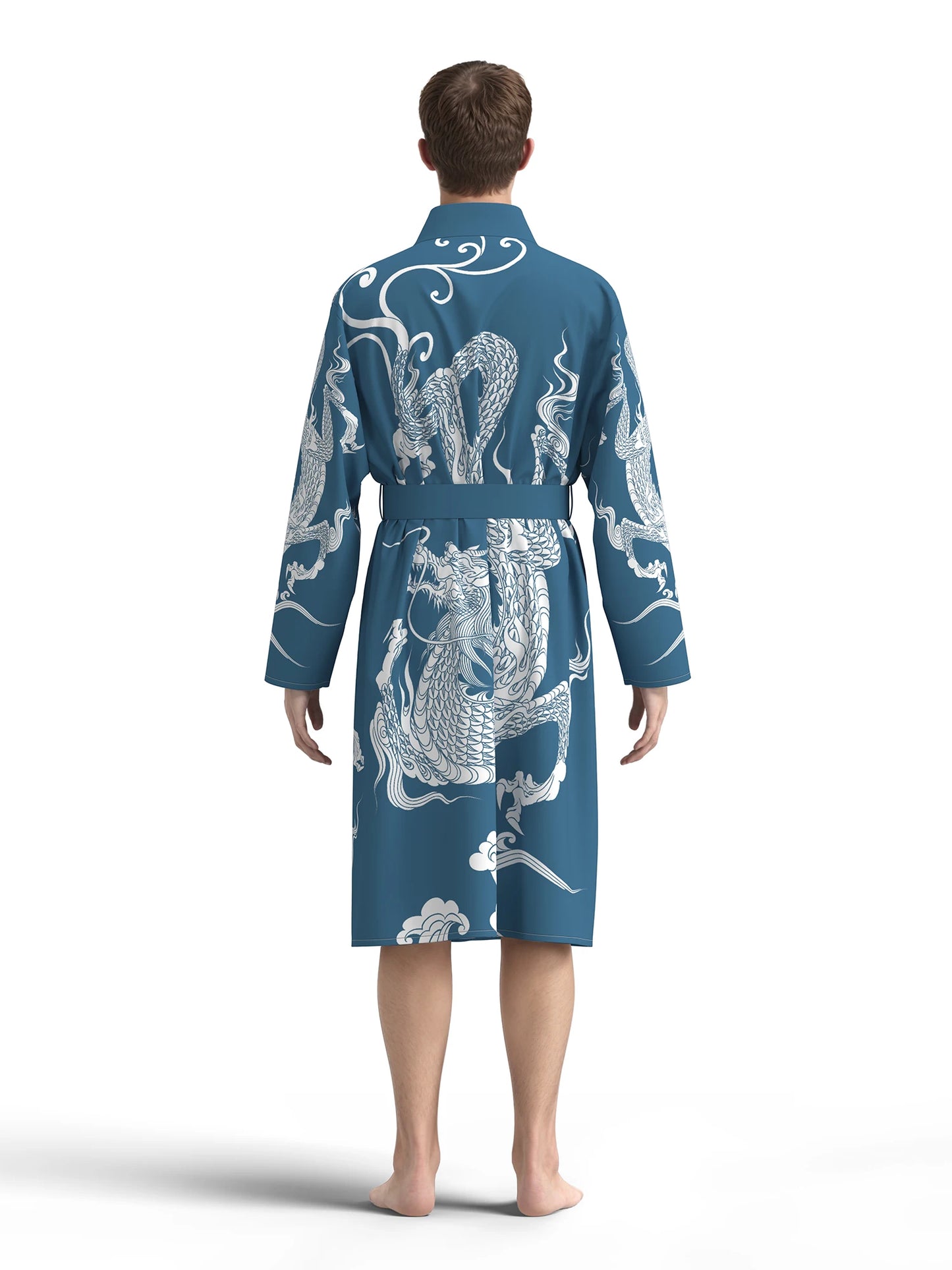 2025 Spring and Autumn New Men's Sleeping Robe Blue Dragon Totem Home Bathrobe Casual Long Sleeve Pajama Sleepwear Nightgown
