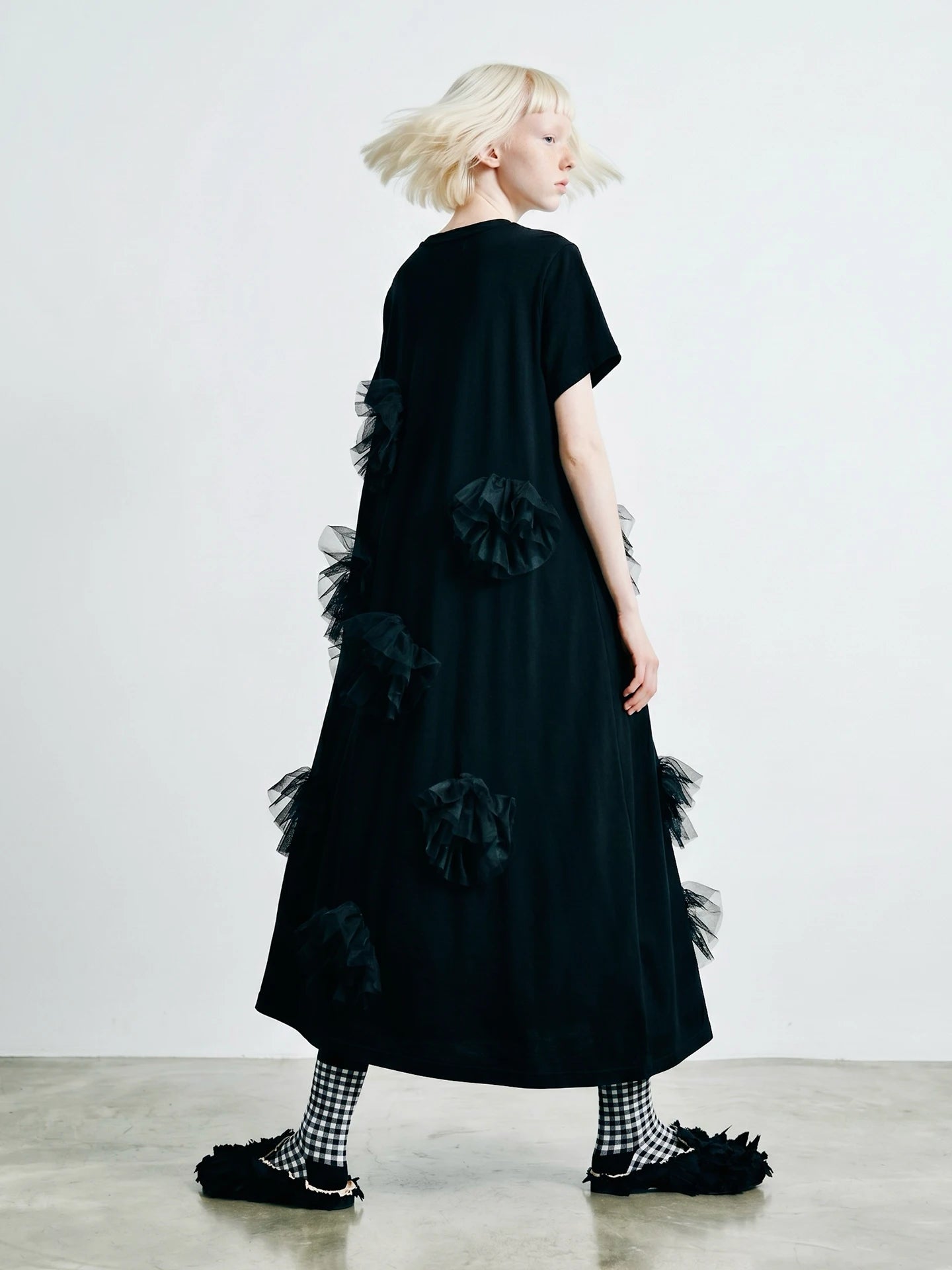 Black dress imakokoni spring loose irregular pure cotton flower design medium long short sleeved skirt for women 265432