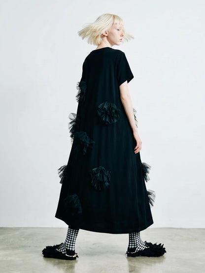 Black dress imakokoni spring loose irregular pure cotton flower design medium long short sleeved skirt for women 265432