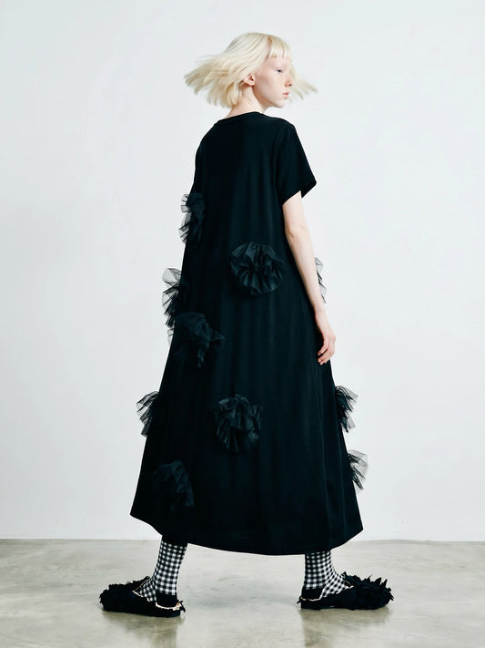 Black dress imakokoni spring loose irregular pure cotton flower design medium long short sleeved skirt for women 265432