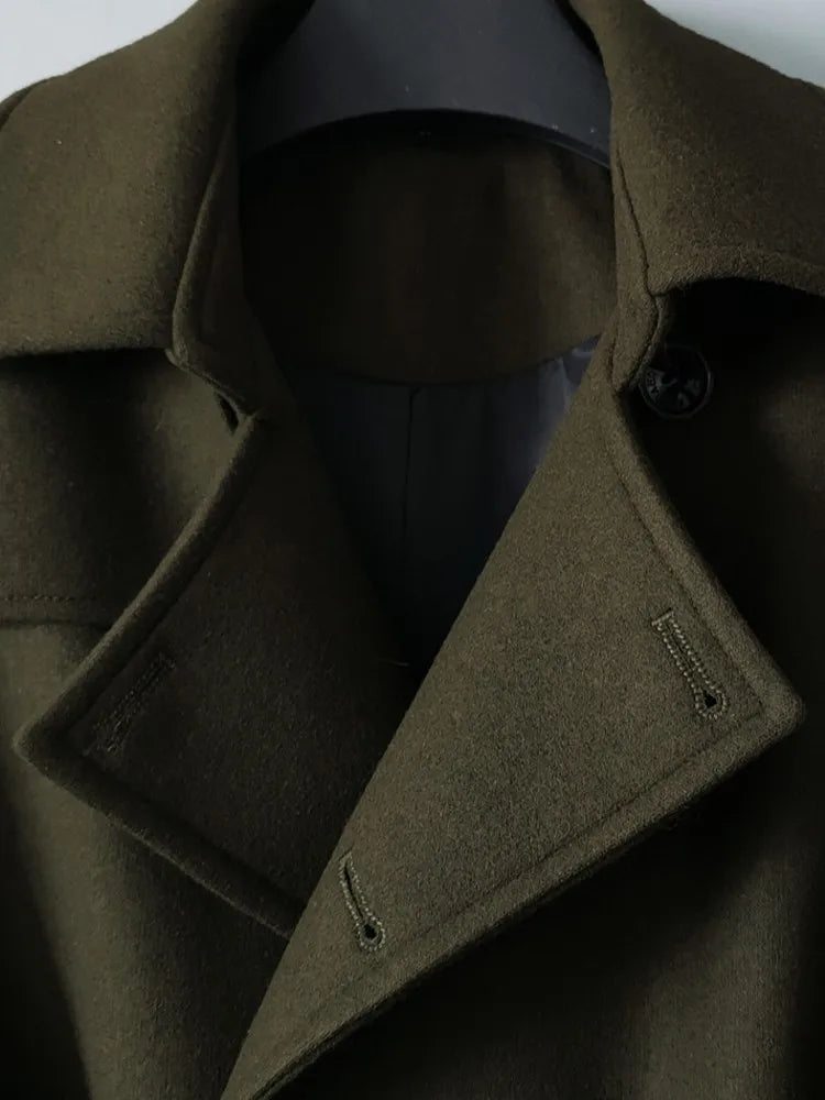 Men Mid Long Woolen Blends Coat Belted Double Breasted Wool Trench Spring New Business Work Windbreaker Classic Outwear Overcoat