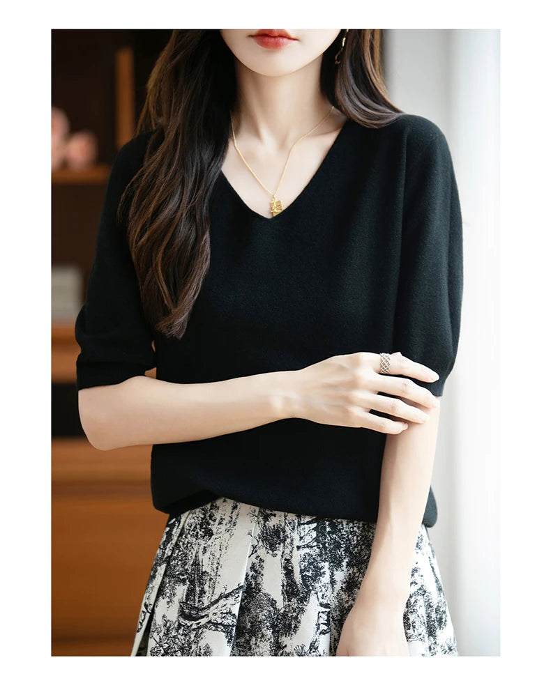Thin Worsted Wool Short-Sleeved Women's Loose Round Neck T-shirt Printed Summer Fashion Knitted Bottoming Shirt Half-Sleeved