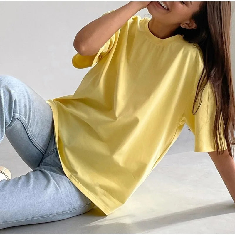 Simple White Oversize T-shirts For Women Cotton Summer Green T Shirts Women Short Sleeve Loose Blue T Shirt Women Yellow Top Tee