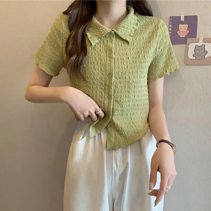 2026 New Korean Preppy Style Women's Polo Collar Short Sleeve Shirt Top Sweet Slimming Versatile Younger Looking