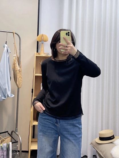 Spring New plus Size round Neck Mesh Splice Loose Long Sleeve Base Shirt Women Fat MM Slimming Belly Cover Simple T-shirt