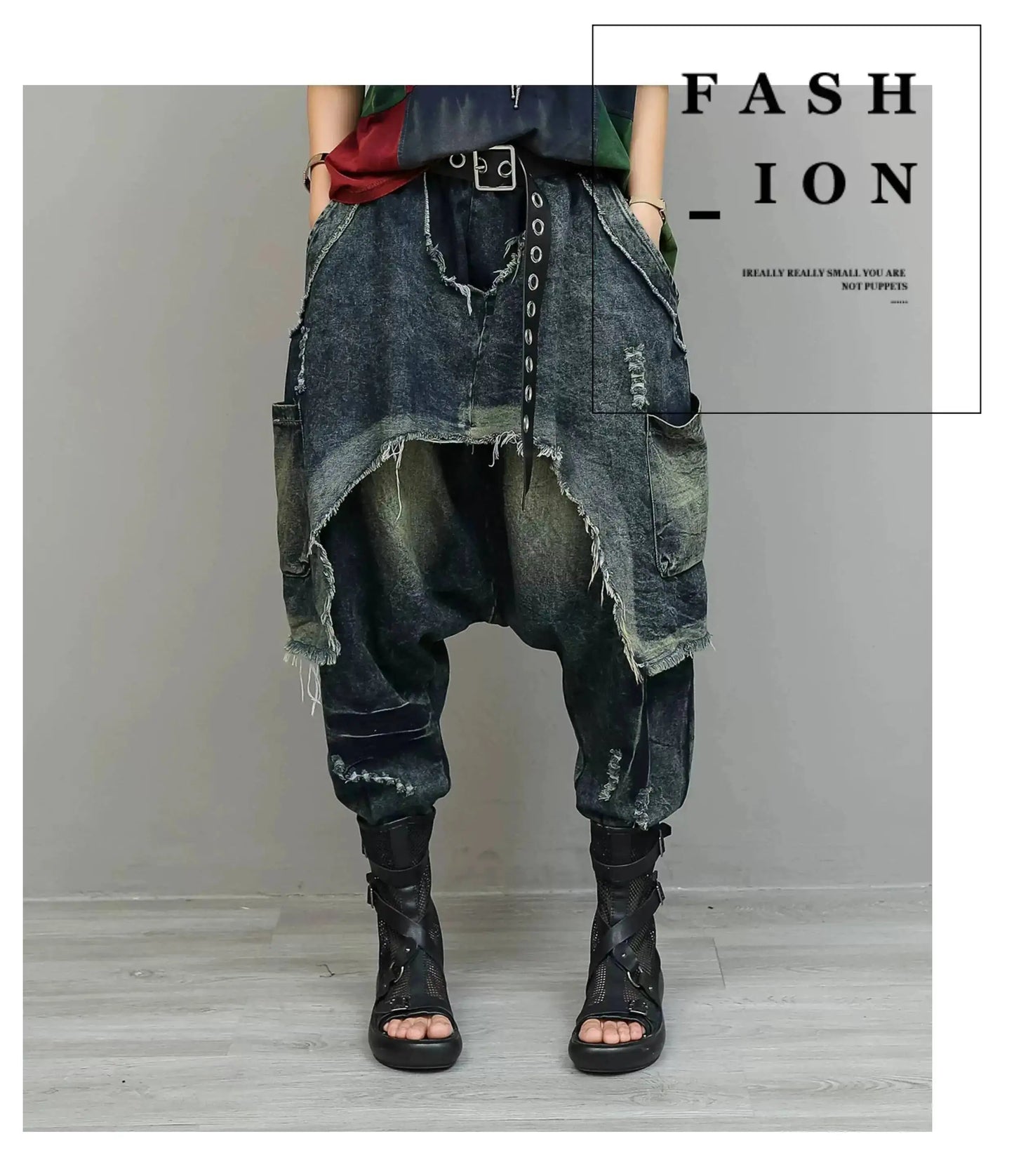 Color-blocked Suit Women Short-sleeve T-shirt + Loose Faux Two-piece Denim Drop-crotch Pants Two Piece Set Summer XY311