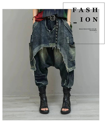 Color-blocked Suit Women Short-sleeve T-shirt + Loose Faux Two-piece Denim Drop-crotch Pants Two Piece Set Summer XY311