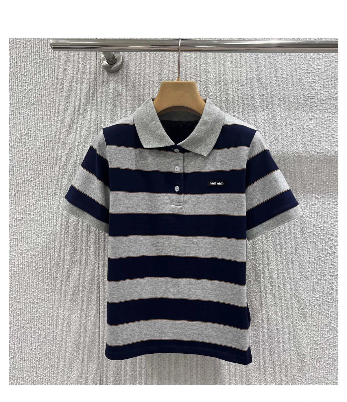 Sweet Cool Girl Spring New Style Miu Style Embroidered Letter Grey Blue Color Block Stripe  Short Sleeve Women's Top