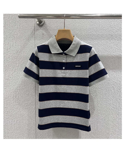 Sweet Cool Girl Spring New Style Miu Style Embroidered Letter Grey Blue Color Block Stripe  Short Sleeve Women's Top