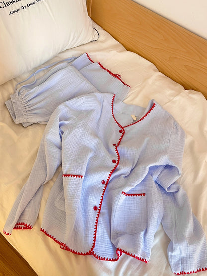 Casual Cotton Pajamas Long Sleeve Sleepwear Women's Spring Autumn Style Comfortable Home Clothes Set Wide Leg Pants Outfit