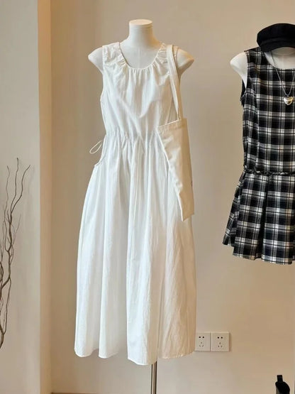 Casual Korean Style Drawstring Waist Vest Dress Loose Fit Summer New Arrival Women's Dress Comfortable Cotton A-Line Skirt