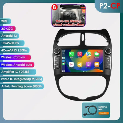 Android 14 Car radio for PEUGEOT 206 206CC 206SW 2000-2005 2006 2007 2008 Multimedia player GPS navi Video 7862 2din Autoradio