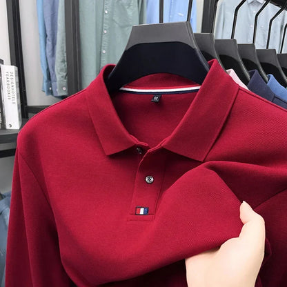 Collar T-shirt for men, long sleeved, autumn, middle-aged, business, pure cotton, casual polo shirt, top for men