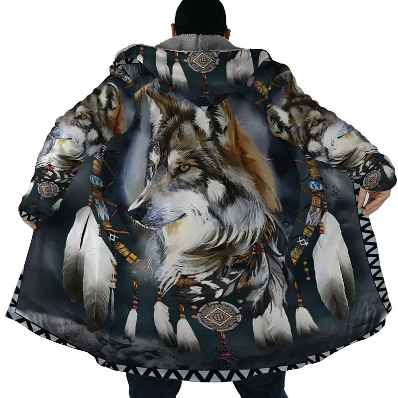Men's Winter Jacket Wolf 3D Print Thick Warm Zipped Hoodie Male Coat Cape Robe Overcoat Parkas Invierno Hombre Blanket