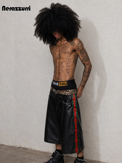Nerazzurri Summer Patchwork Pu Leather Shorts for Men Cool Handsome Luxury Designer Calf-Length Pants Emo Menswear Clothes 2026