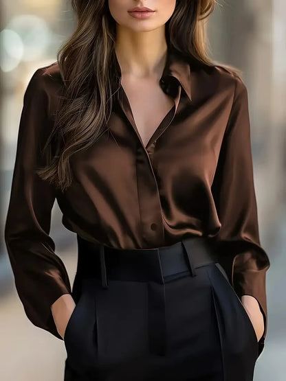Elegant Black Satin Long Sleeve Blouse for Women  Button-Up Collar Shirt Perfect for Casual or Professional Wear