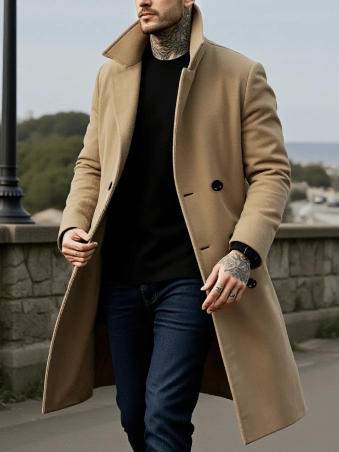 Men's Winter Mid-Length Coat Woolen Warm Coats Lining Double Breasted Lapel Jacket Street Wear Men's Clothing Outerwears
