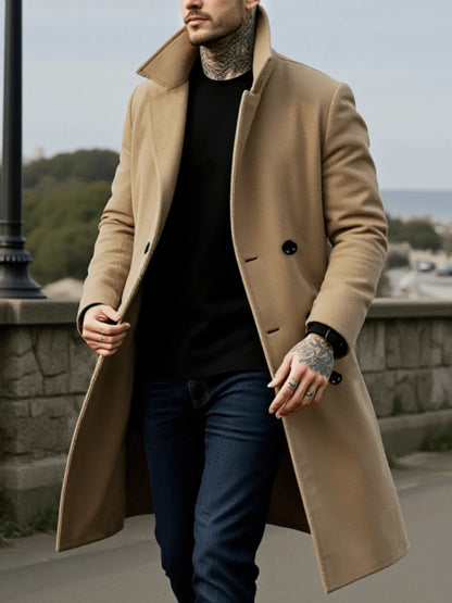 Men's Winter Mid-Length Coat Woolen Warm Coats Lining Double Breasted Lapel Jacket Street Wear Men's Clothing Outerwears