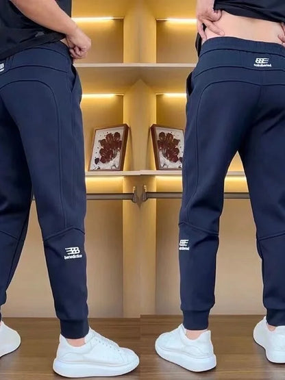 Men's Casual Trousers Autumn Winter Embroidered Fleece Lined Cuffed Thickened Sweatpants Fashionable Elastic Fashion