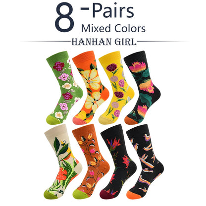 5 Pairs New Arrivals Combed Cotton Women Socks Unisex Cute Floral Styles 8 Color Happy Funny Casual Female Breathable Crew Socks