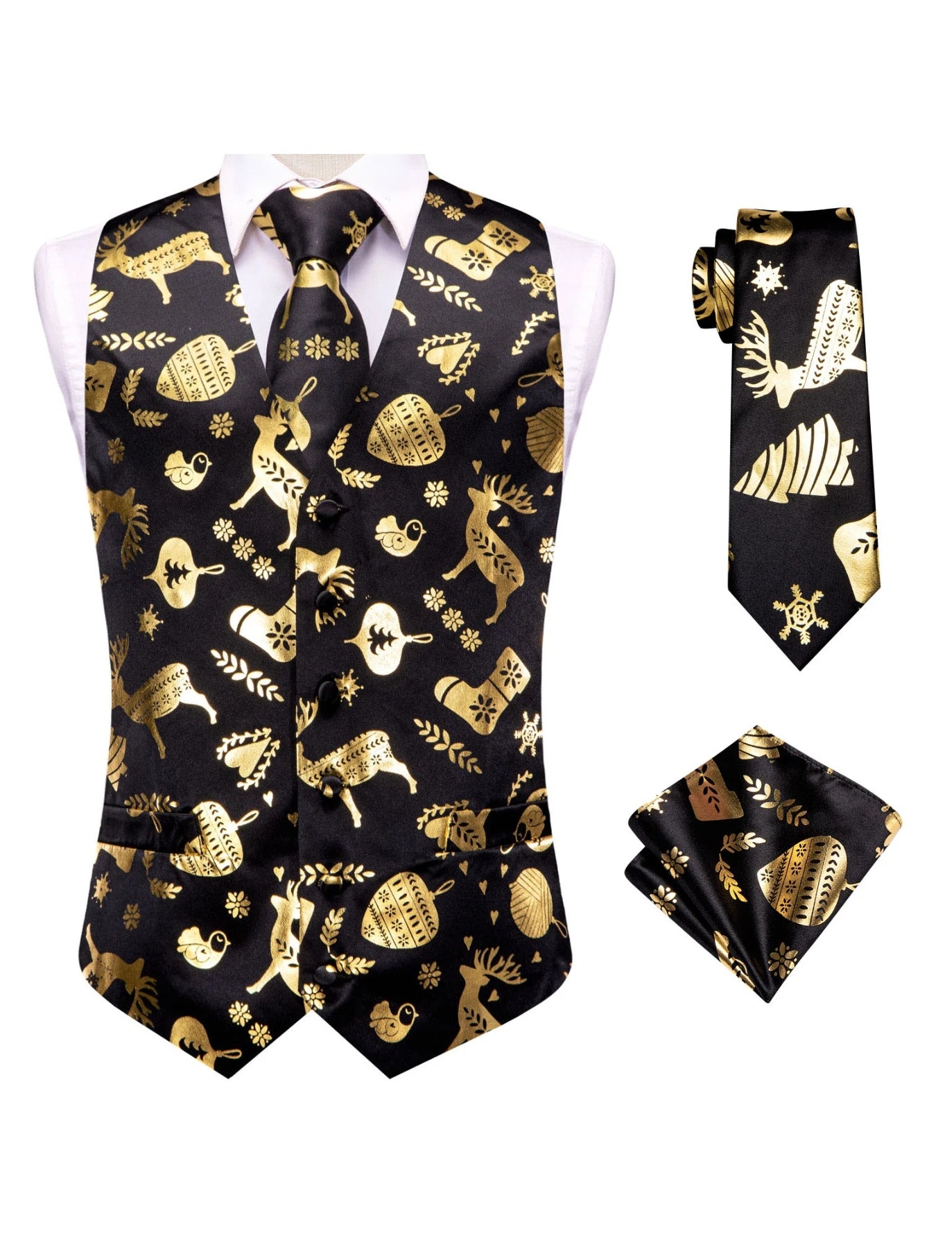 Men's Christmas Print Vest 3-Piece Set: Vest, Tie, Pocket Square, Red Blue Green Yellow for Holiday Parties