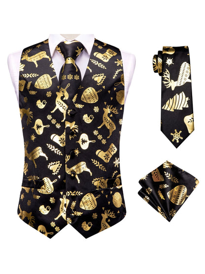 Men's Christmas Print Vest 3-Piece Set: Vest, Tie, Pocket Square, Red Blue Green Yellow for Holiday Parties