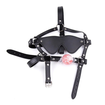 BDSM PU Leather Ball Mouth Gag Eye Mask Harness Oral Restraint Roleplay Fetish Toy For Adult Couples 18+