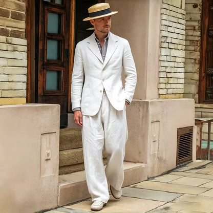 Men's Linen Suit 2 Pieces Luxury Slim Fit Casual Blazer Straight Leg Pants Breathable Wrinkle Resistant Lightweight For Wedding