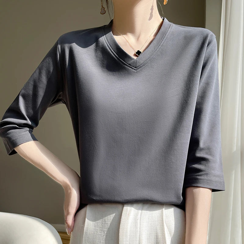 Spring And Summer New White Mercerized Cotton Cropped Sleeve T-shirt Feminine Joker 100% Cotton Bottoming Shirt Half Sleeve