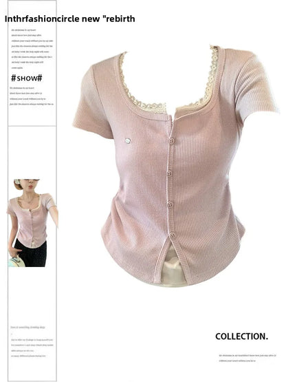 Slimming Short Sleeve T-Shirt Women's Lace Trim Waist-Cinching Curvy Top Pure Desire Sweet Spicy Style Casual Commute Fashion